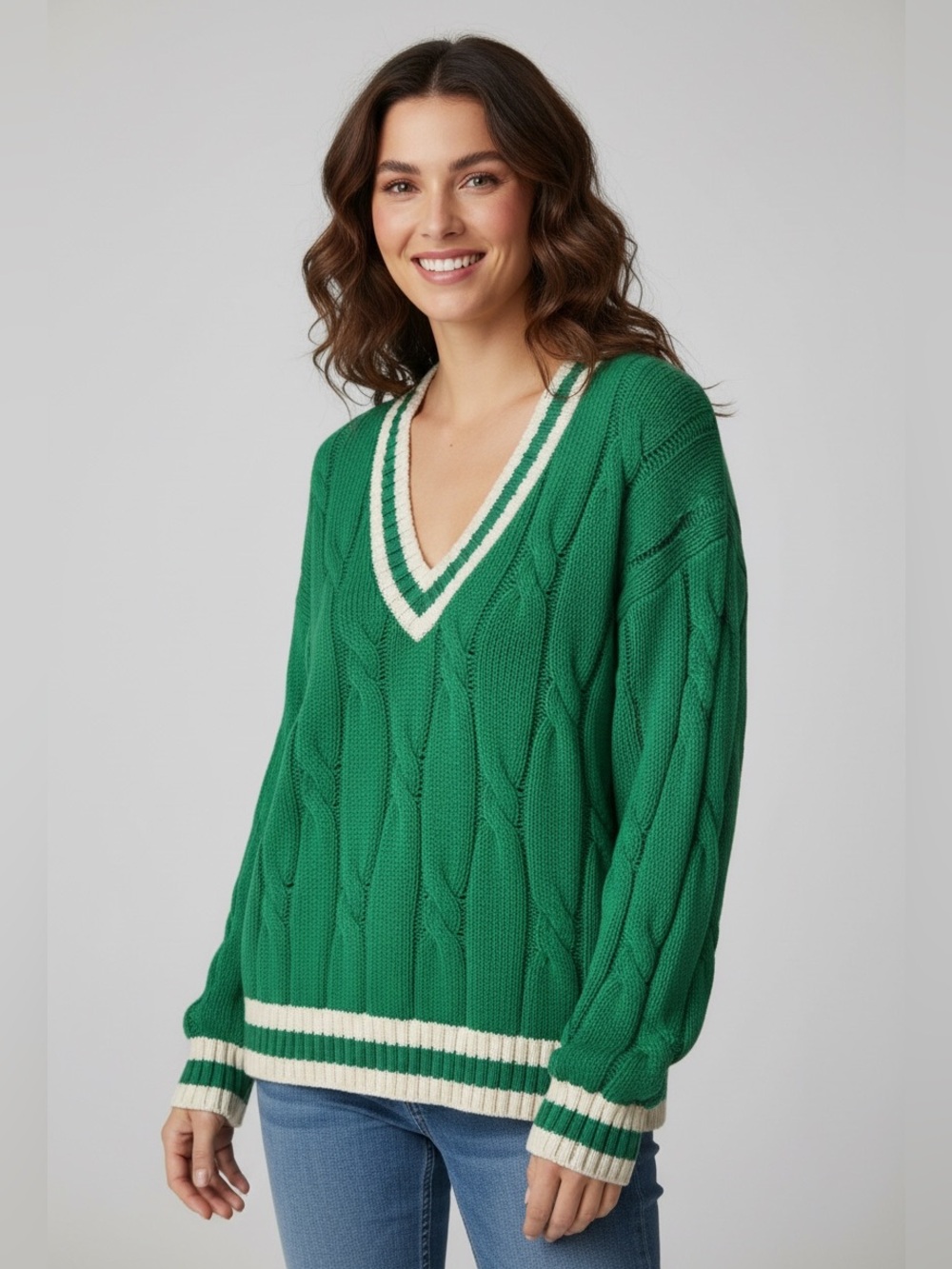 aerie Green Cable-Knit V-Neck Sweater with Cream Trim